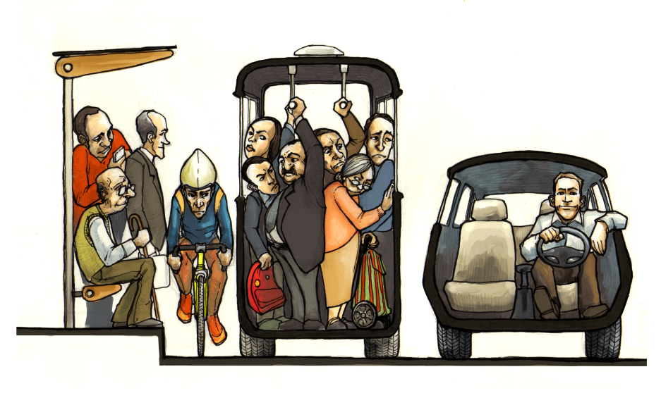 Illustration von Menschen in einem Bus und in einem Auto, die unterschiedliche Transportmittel nutzen.
